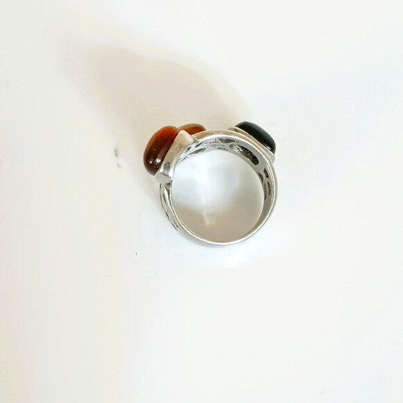 Stainless Steel 3 Stone Ring 9.25 Open Work Tiger Eye Black Onyx - Picture 7 of 8